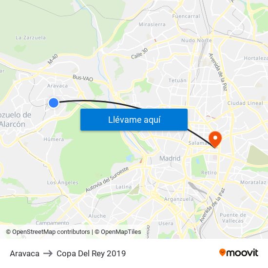 Aravaca to Copa Del Rey 2019 map