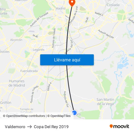 Valdemoro to Copa Del Rey 2019 map