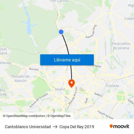 Cantoblanco Universidad to Copa Del Rey 2019 map
