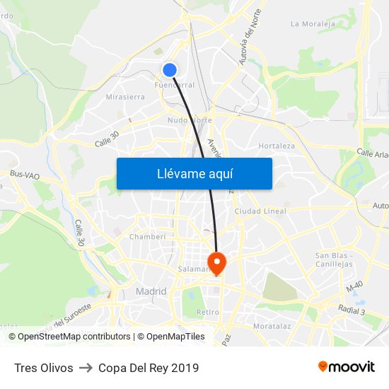 Tres Olivos to Copa Del Rey 2019 map