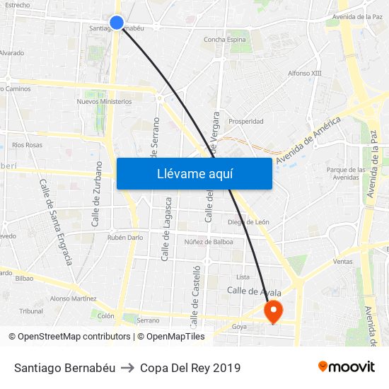 Santiago Bernabéu to Copa Del Rey 2019 map