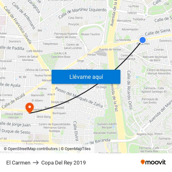 El Carmen to Copa Del Rey 2019 map