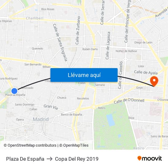 Plaza De España to Copa Del Rey 2019 map