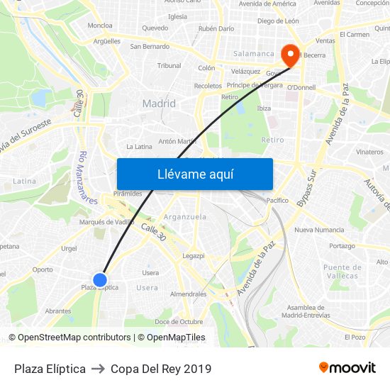 Plaza Elíptica to Copa Del Rey 2019 map