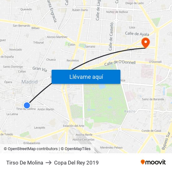 Tirso De Molina to Copa Del Rey 2019 map
