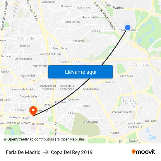 Feria De Madrid to Copa Del Rey 2019 map