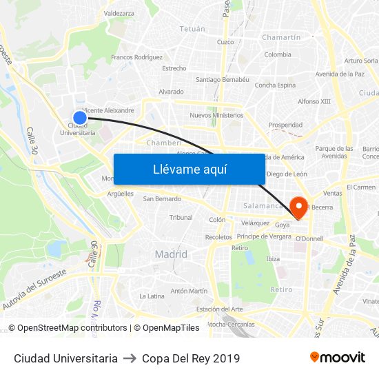 Ciudad Universitaria to Copa Del Rey 2019 map