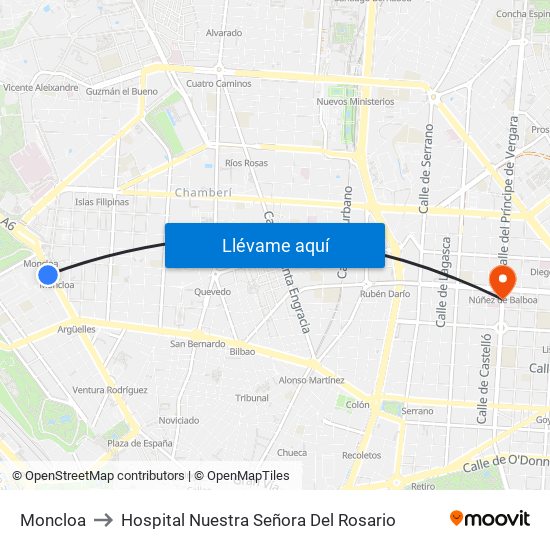 Moncloa to Hospital Nuestra Señora Del Rosario map