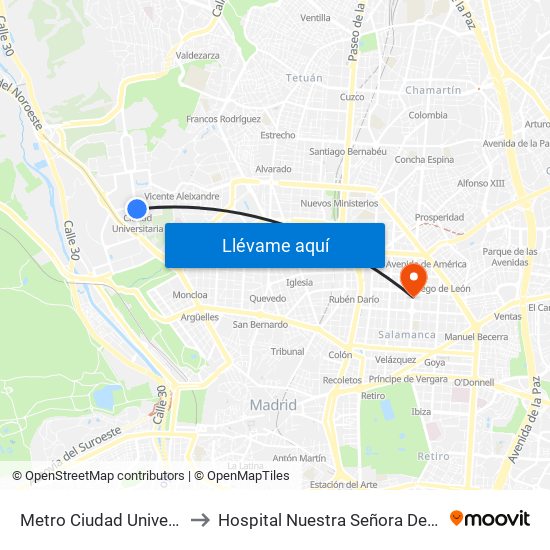 Metro Ciudad Universitaria to Hospital Nuestra Señora Del Rosario map