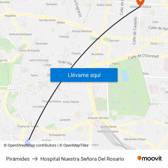 Pirámides to Hospital Nuestra Señora Del Rosario map