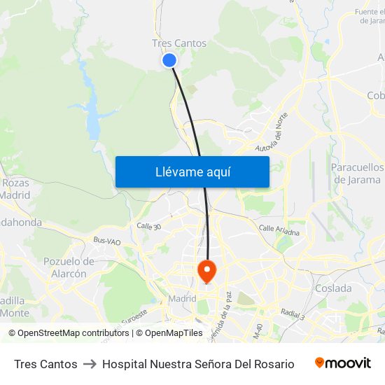 Tres Cantos to Hospital Nuestra Señora Del Rosario map