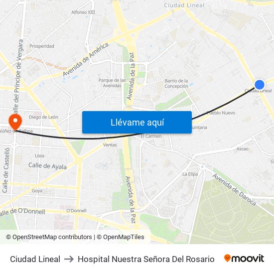 Ciudad Lineal to Hospital Nuestra Señora Del Rosario map