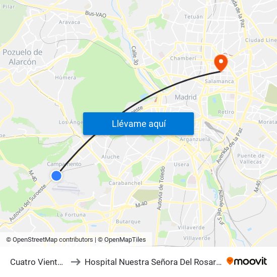 Cuatro Vientos to Hospital Nuestra Señora Del Rosario map