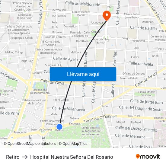 Retiro to Hospital Nuestra Señora Del Rosario map