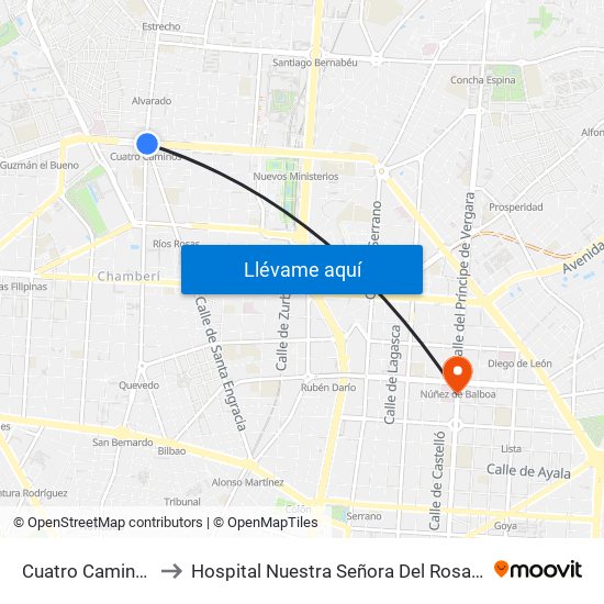 Cuatro Caminos to Hospital Nuestra Señora Del Rosario map