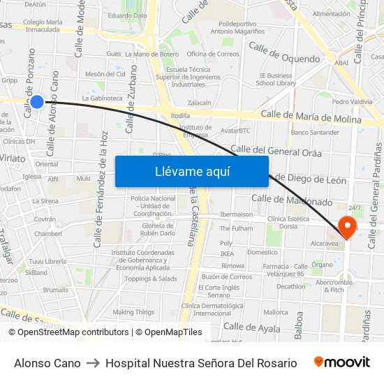 Alonso Cano to Hospital Nuestra Señora Del Rosario map