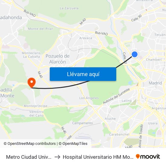 Metro Ciudad Universitaria to Hospital Universitario HM Montepríncipe map