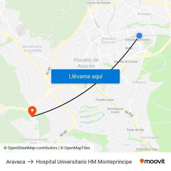 Aravaca to Hospital Universitario HM Montepríncipe map