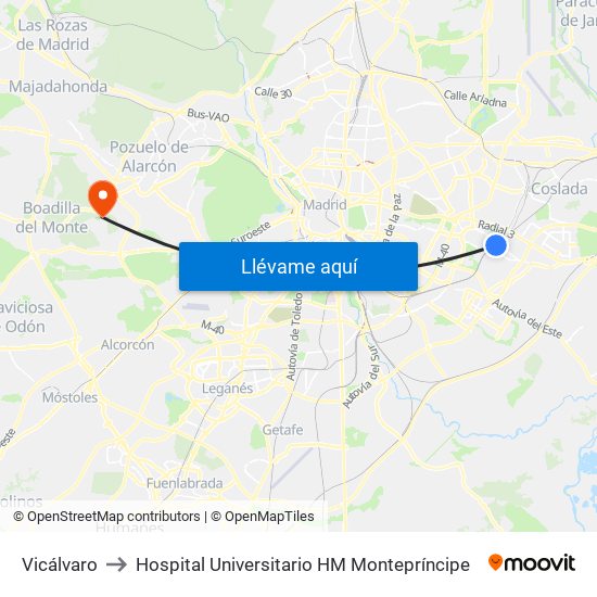 Vicálvaro to Hospital Universitario HM Montepríncipe map