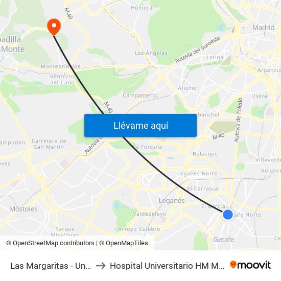 Las Margaritas - Universidad to Hospital Universitario HM Montepríncipe map