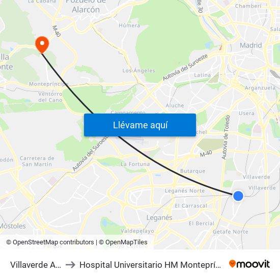 Villaverde Alto to Hospital Universitario HM Montepríncipe map