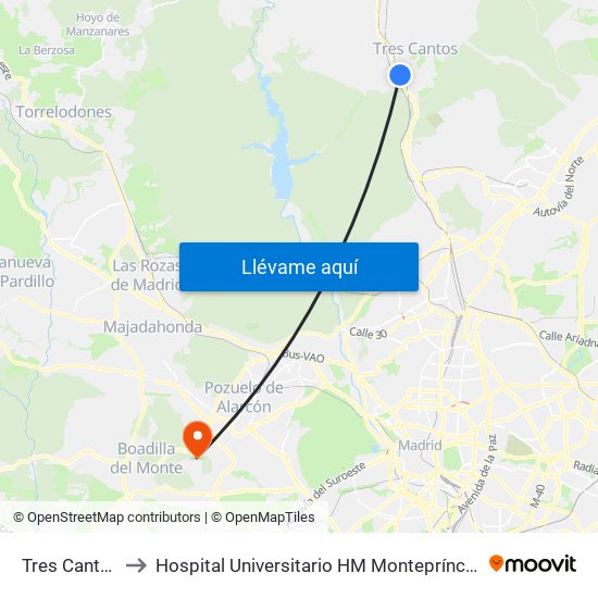 Tres Cantos to Hospital Universitario HM Montepríncipe map