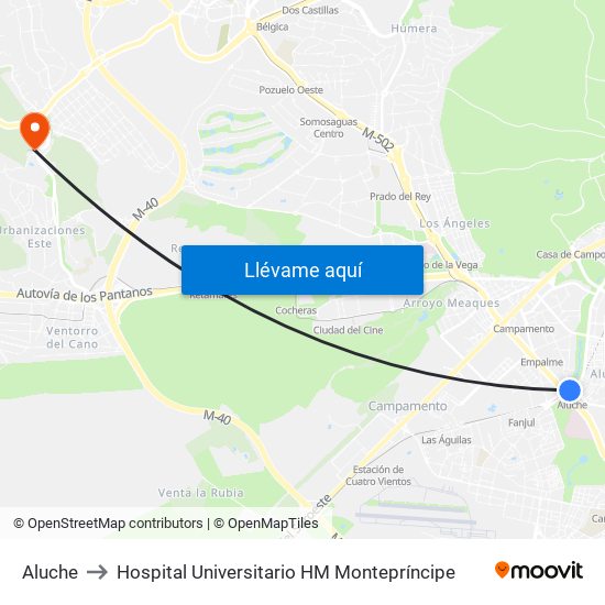 Aluche to Hospital Universitario HM Montepríncipe map