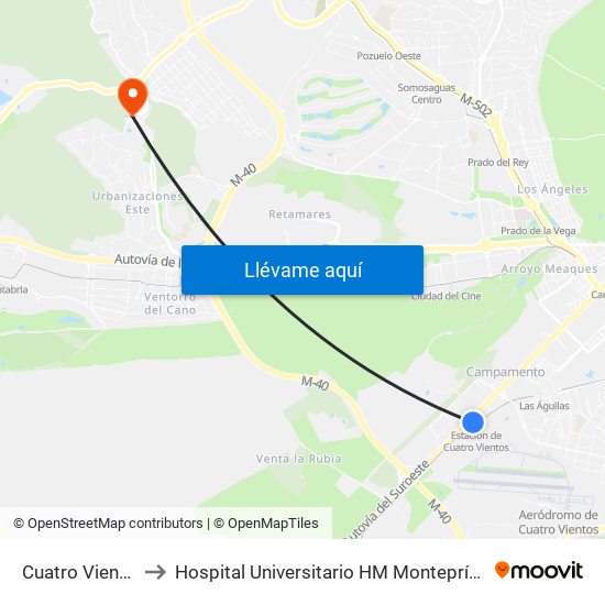 Cuatro Vientos to Hospital Universitario HM Montepríncipe map