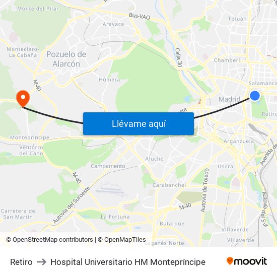 Retiro to Hospital Universitario HM Montepríncipe map