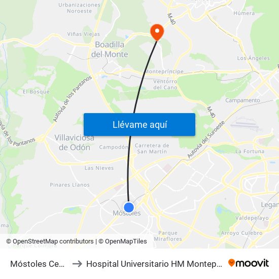 Móstoles Central to Hospital Universitario HM Montepríncipe map