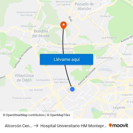 Alcorcón Central to Hospital Universitario HM Montepríncipe map