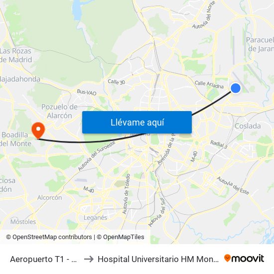 Aeropuerto T1 - T2 - T3 to Hospital Universitario HM Montepríncipe map