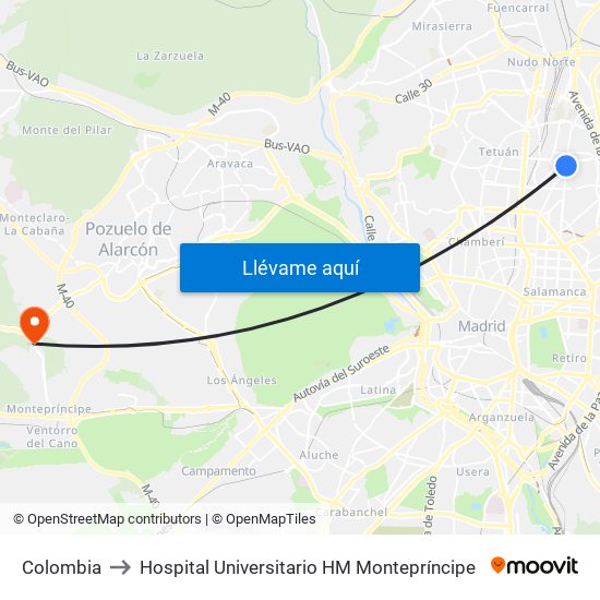 Colombia to Hospital Universitario HM Montepríncipe map