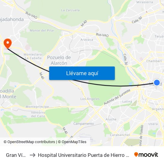 Gran Vía - Montera to Hospital Universitario Puerta de Hierro Majadahonda (Hosp. Unv. Puerta de Hierro) map