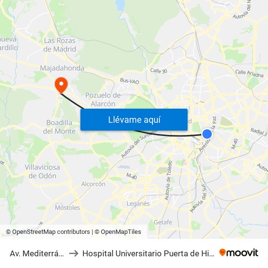 Av. Mediterráneo - Conde De Casal to Hospital Universitario Puerta de Hierro Majadahonda (Hosp. Unv. Puerta de Hierro) map