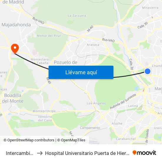 Intercambiador De Moncloa to Hospital Universitario Puerta de Hierro Majadahonda (Hosp. Unv. Puerta de Hierro) map