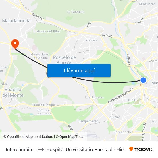 Intercambiador De Príncipe Pío to Hospital Universitario Puerta de Hierro Majadahonda (Hosp. Unv. Puerta de Hierro) map