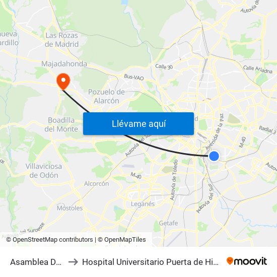 Asamblea De Madrid - Entrevías to Hospital Universitario Puerta de Hierro Majadahonda (Hosp. Unv. Puerta de Hierro) map