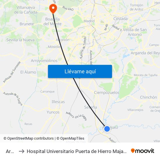 Aranjuez to Hospital Universitario Puerta de Hierro Majadahonda (Hosp. Unv. Puerta de Hierro) map