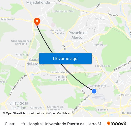 Cuatro Vientos to Hospital Universitario Puerta de Hierro Majadahonda (Hosp. Unv. Puerta de Hierro) map