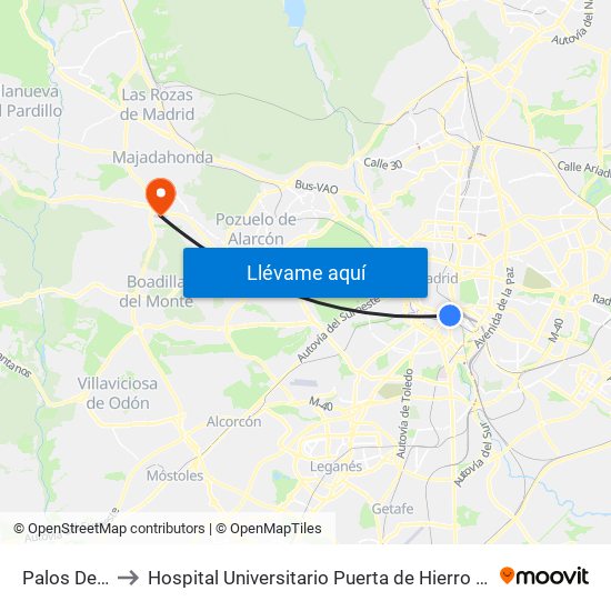 Palos De La Frontera to Hospital Universitario Puerta de Hierro Majadahonda (Hosp. Unv. Puerta de Hierro) map