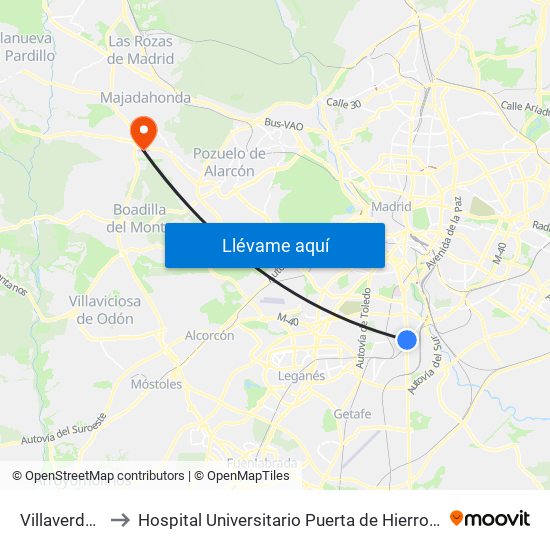 Villaverde Bajo - Cruce to Hospital Universitario Puerta de Hierro Majadahonda (Hosp. Unv. Puerta de Hierro) map