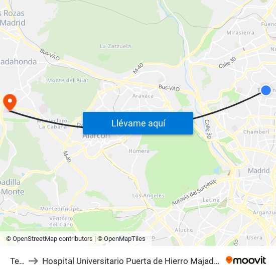 Tetuán to Hospital Universitario Puerta de Hierro Majadahonda (Hosp. Unv. Puerta de Hierro) map