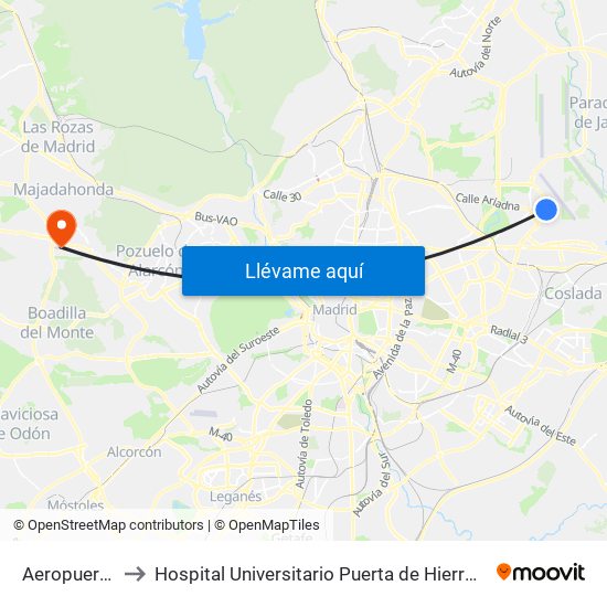 Aeropuerto T1 - T2 - T3 to Hospital Universitario Puerta de Hierro Majadahonda (Hosp. Unv. Puerta de Hierro) map