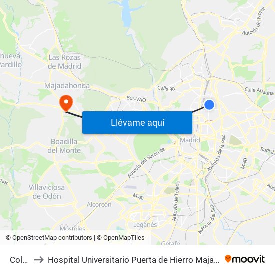 Colombia to Hospital Universitario Puerta de Hierro Majadahonda (Hosp. Unv. Puerta de Hierro) map