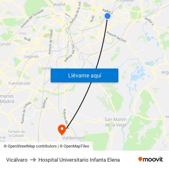 Vicálvaro to Hospital Universitario Infanta Elena map