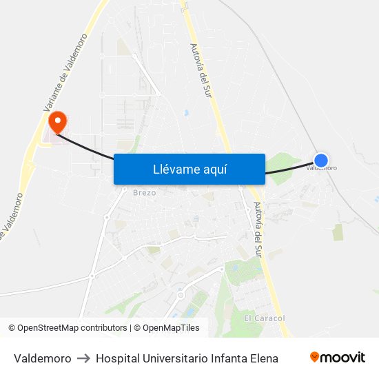 Valdemoro to Hospital Universitario Infanta Elena map