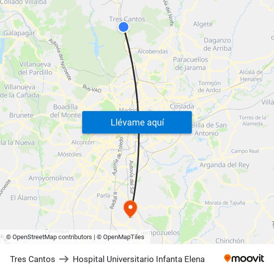 Tres Cantos to Hospital Universitario Infanta Elena map