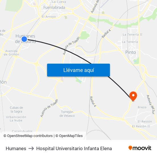 Humanes to Hospital Universitario Infanta Elena map