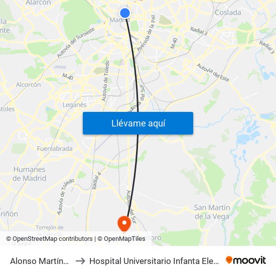 Alonso Martínez to Hospital Universitario Infanta Elena map